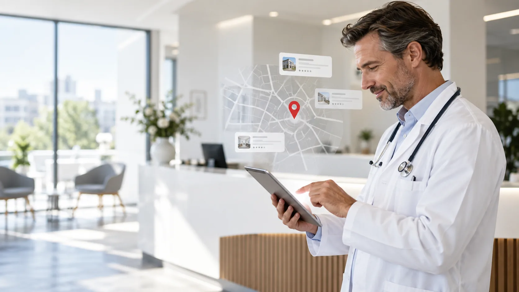 SEO Agentur für Ärzte by Alex Denner – Arzt prüft auf dem Tablet die lokale Sichtbarkeit seiner Praxis in Google Maps